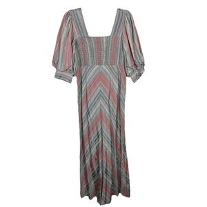 Vintage 1970s Chevron Square Neck Puff Sleeve Maxi Dress L/XL